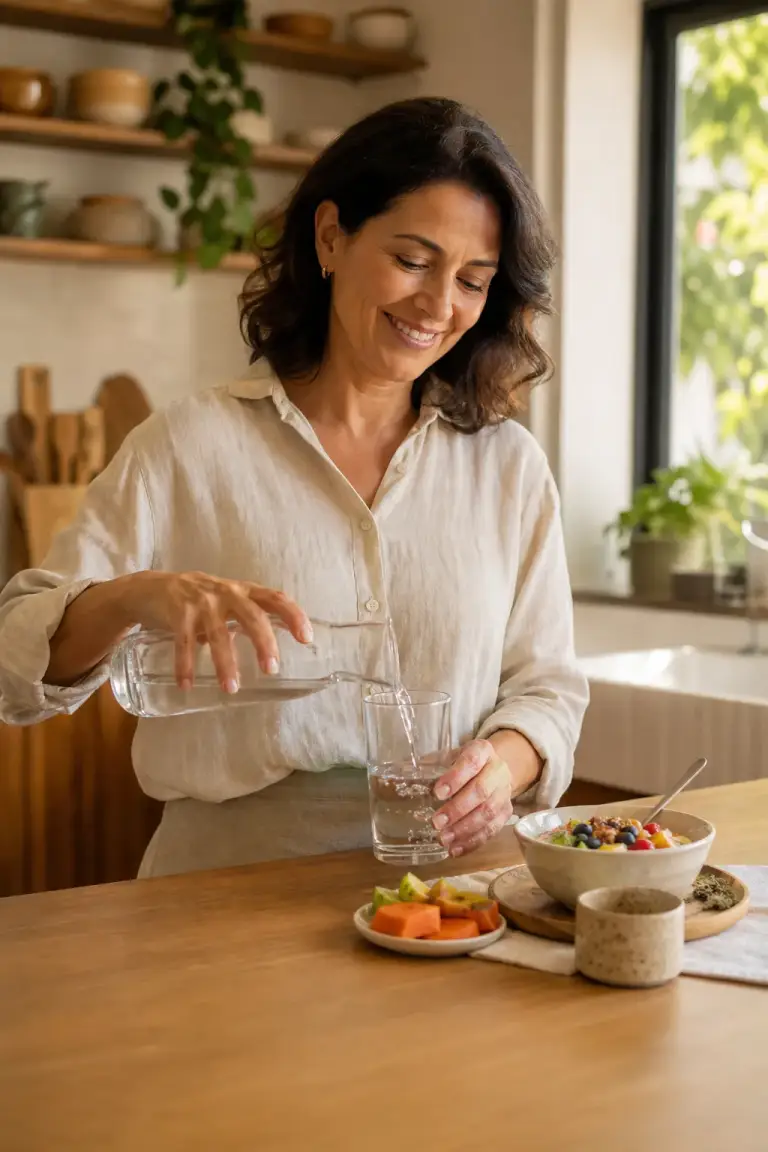 Mulher preparando água e um café da manhã equilibrado