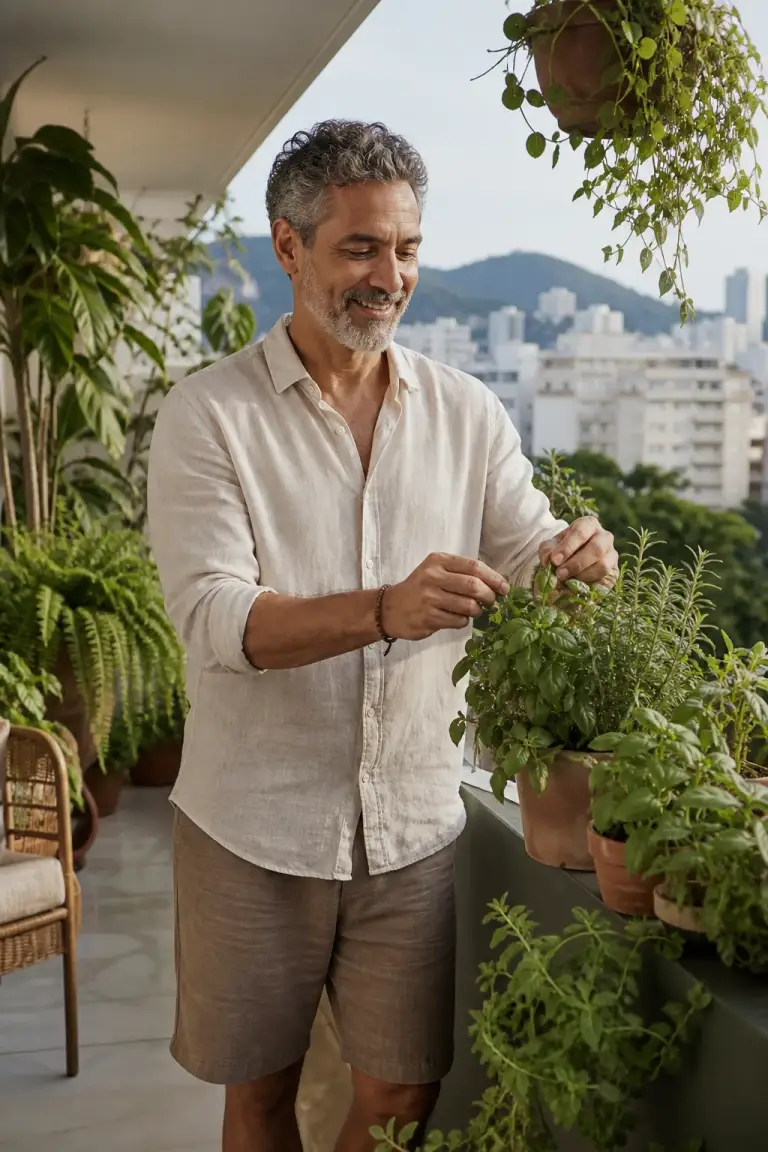 Homem cuidando de plantas em uma varanda